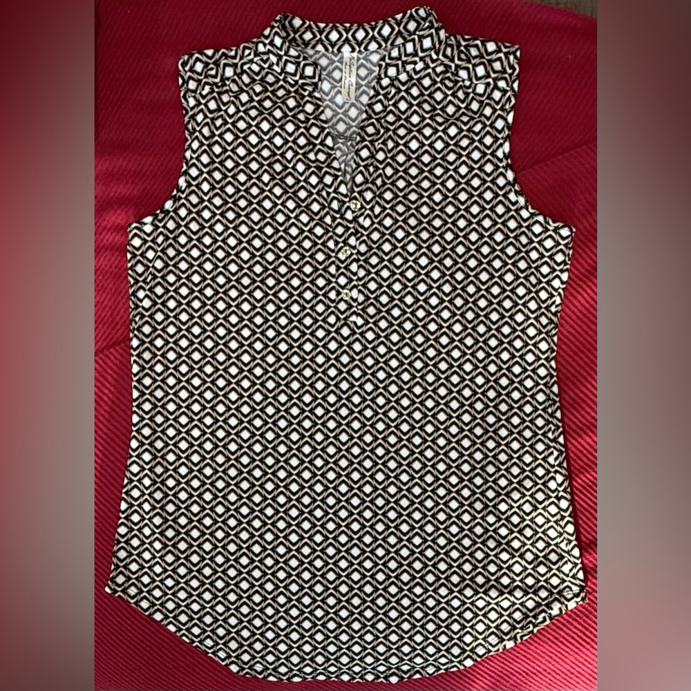 Per Seption Concept Black White Tan Geometric Button Front Blouse Size XL